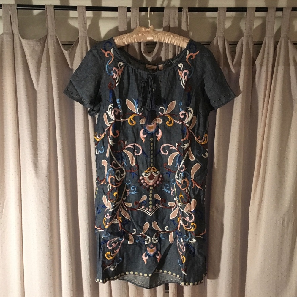 Embroidered Chambray Shift Dress